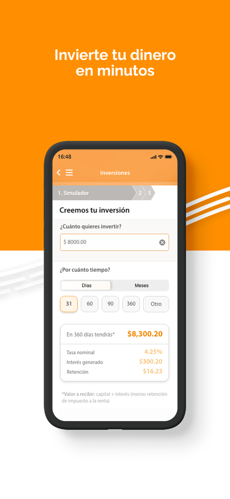 Banca Móvil - Pantalla del simulador de inversiones en la aplicación Banca Movil que muestra rendimientos proyectados y tasas de interés