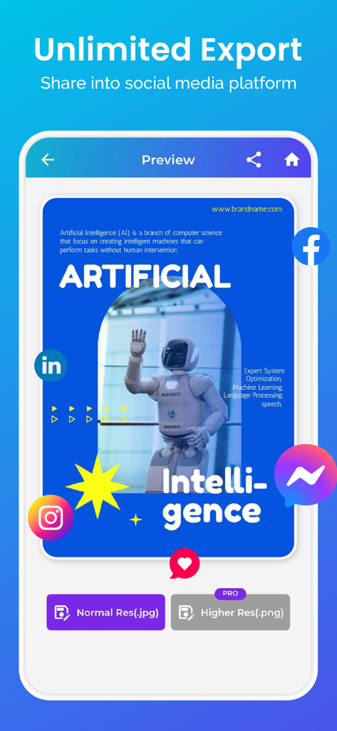 Uma tela de pré-visualização do aplicativo Criador de Cartazes mostrando um design de folheto sobre Inteligência Artificial com opções de exportação para JPG e PNG e ícones de compartilhamento em redes sociais.