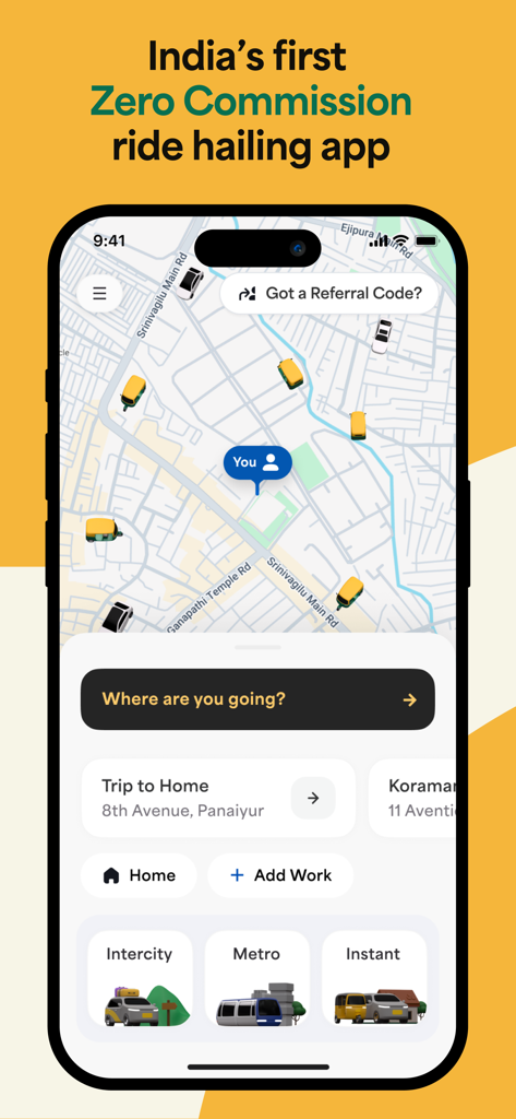 Namma Yatri - Ride Booking App - Namma Yatri app home screen with a map showing nearby autos and a zero commission ride hailing header