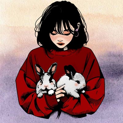realistic girl with messy bunny baggy sweatshirt and holding bunnies