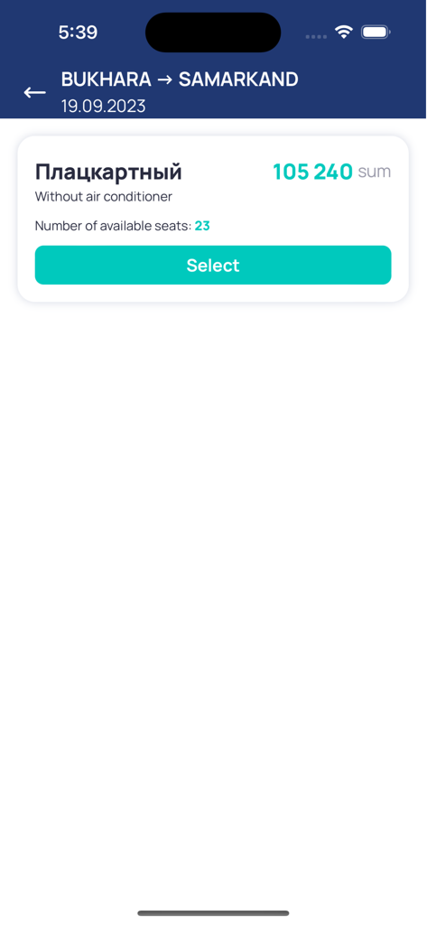 A train ticket booking screen for Bukhara to Samarkand showing seat availability and price.