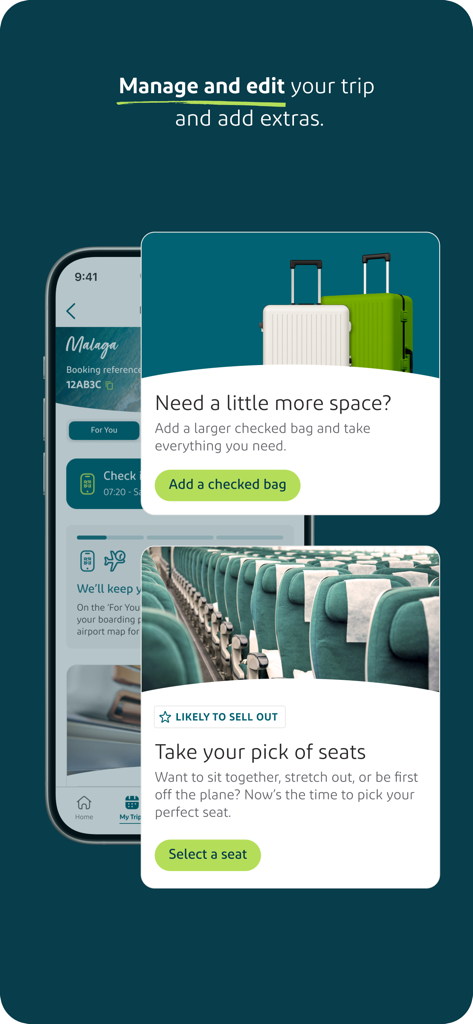 Aer Lingus app interface for managing trip details and adding extras like checked bags and seat selection.