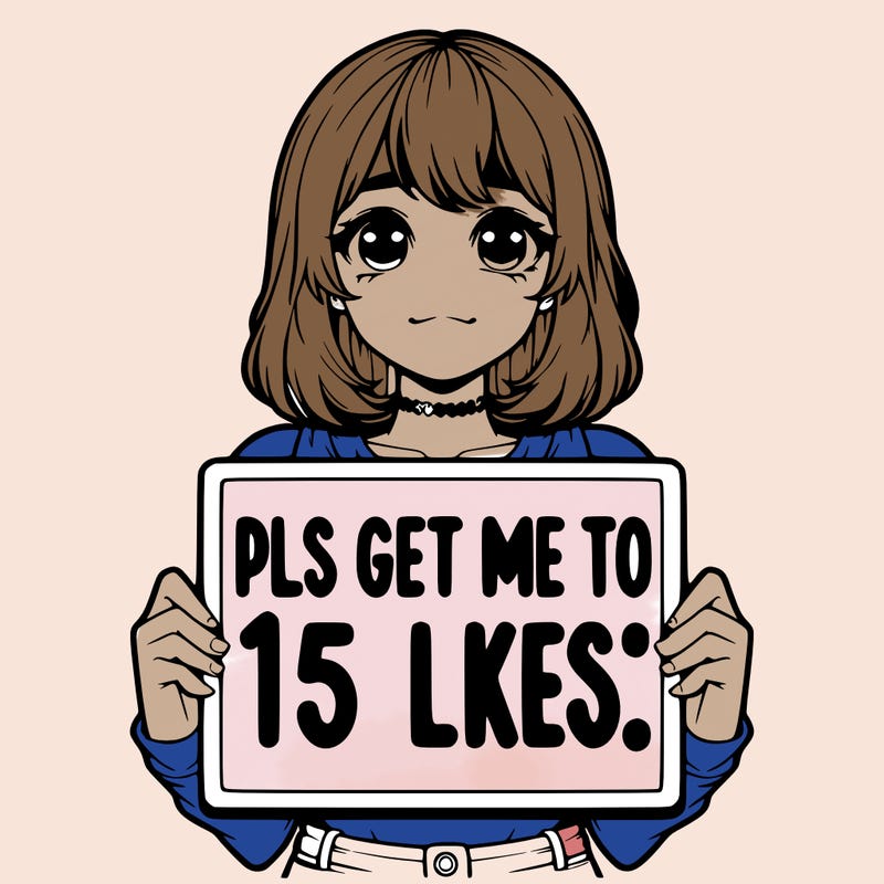realistic girl holding up a sign that says “pls get me to 15 likes!”