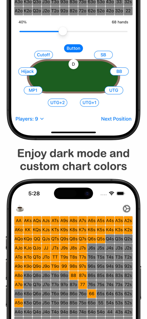 Poker Range Calculator - Poker range calculator mobile app showing table positions and starting hand charts in dark mode