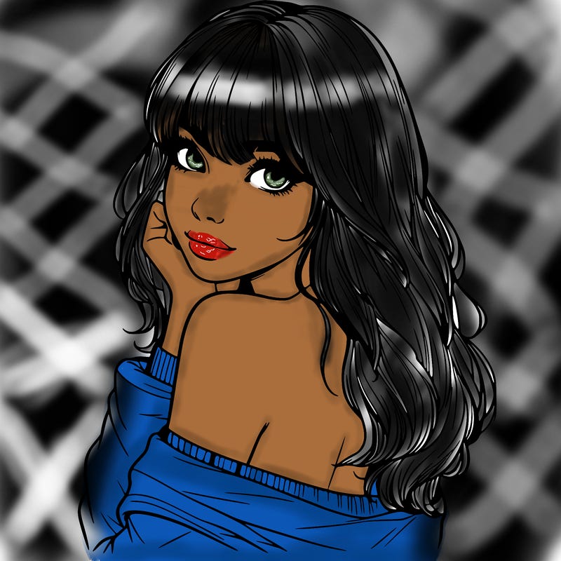 realistic girl with bangs looking over her shoulder