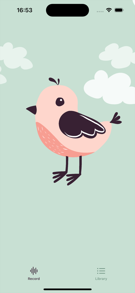 Chirp.QR - Chirp.QR app home screen with a pink bird illustration and navigation icons for recording and library.