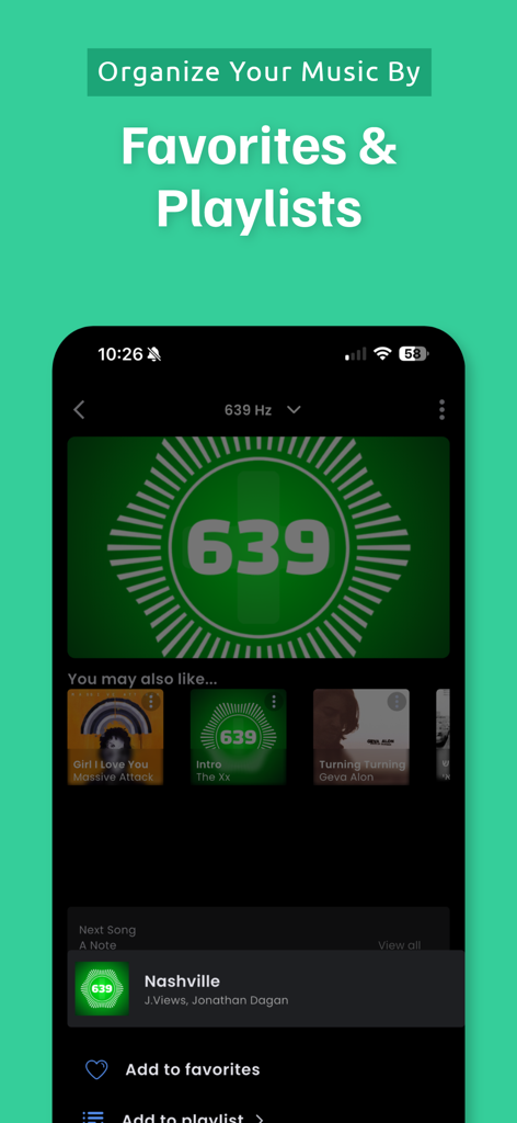 Interface of the 639 Player Plus app showing options to organize music by favorites and playlists