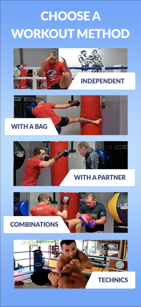 Champ Training: Boxing MMA MT - Pantalla de selección de diferentes métodos de entrenamiento de boxeo y MMA, incluyendo entrenamientos independientes y ejercicios con saco pesado