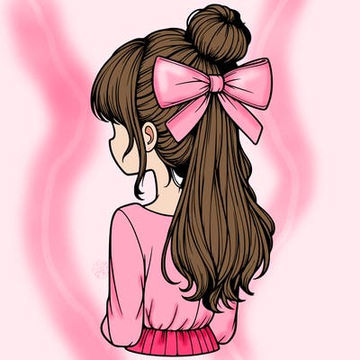 realistic girl  with hip length hair a bun and a big bow on the back of head