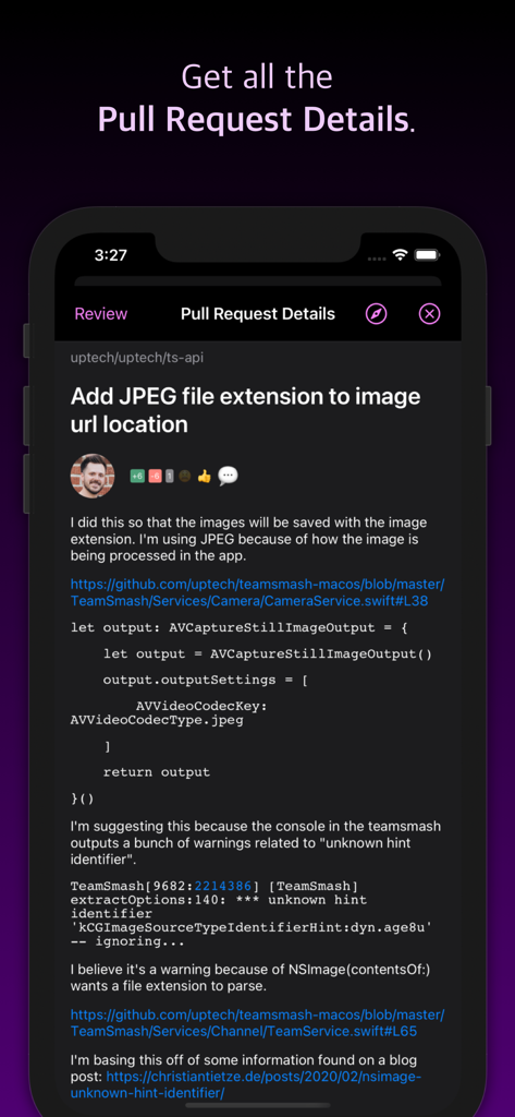Pullwalla for Bitbucket GitHub - Pullwalla mobile app showing a detailed pull request view with markdown description and code snippet