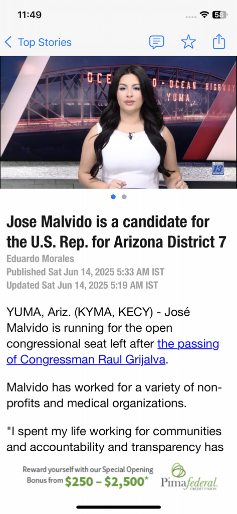 KYMA Yuma, El Centro News - A local news article about a congressional candidate in the KYMA app.