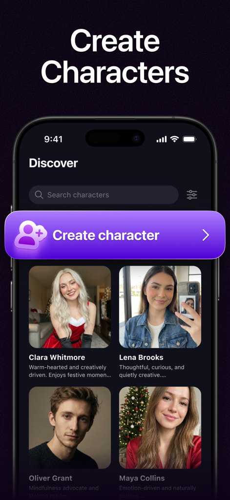 Discover screen of the Fomo app featuring a create character button and several AI profile cards with photos and bios.