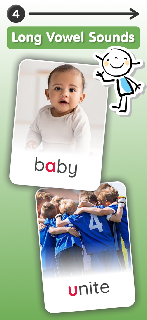 Educational flashcards showing long vowel sounds for the words baby and unite