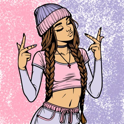 realistic teenage girl with braids and a beanie and crop top doing 🫶🏼
