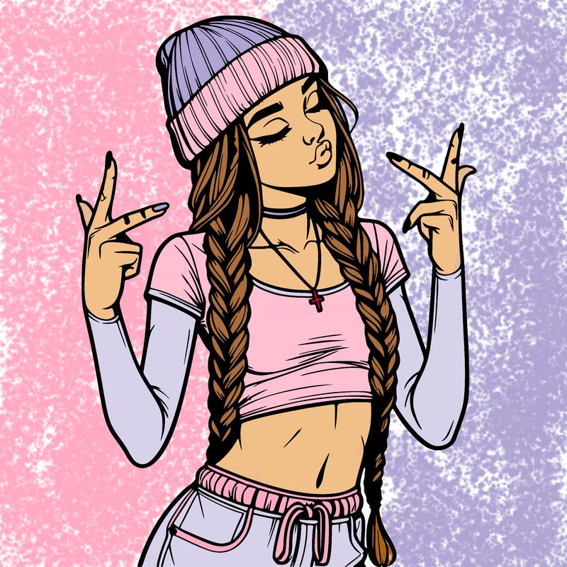 realistic teenage girl with braids and a beanie and crop top doing 🫶🏼