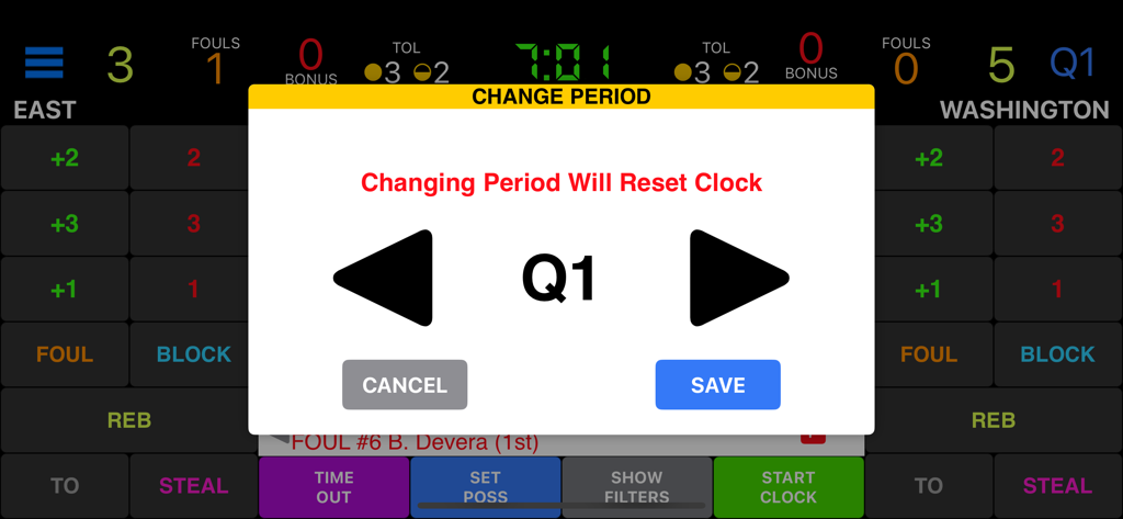 Basketball Scorebook+ - Basketball Scorebook plus app showing a change period popup window over the game scoreboard