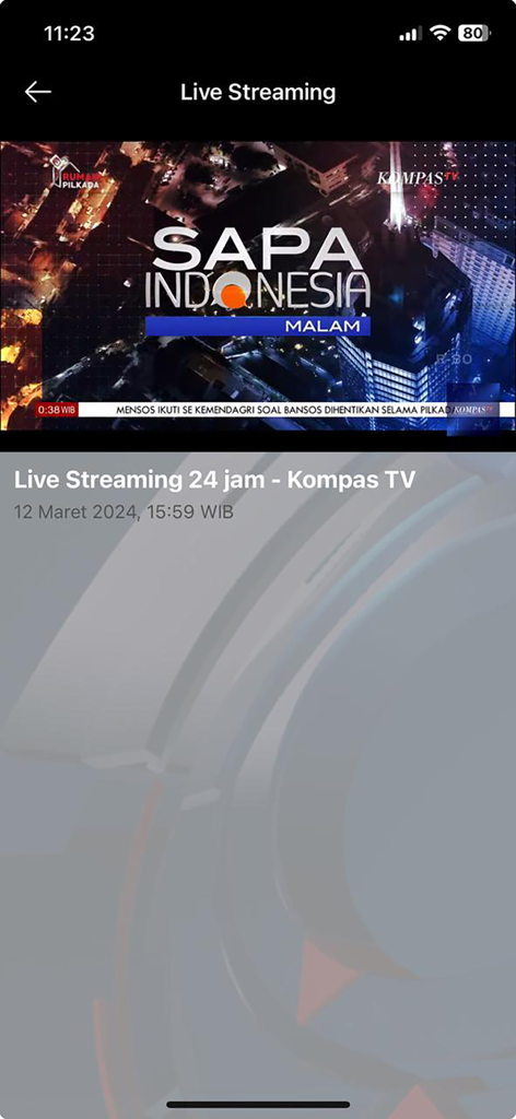 Kompas TV mobile app live streaming interface showing the Sapa Indonesia Malam news program