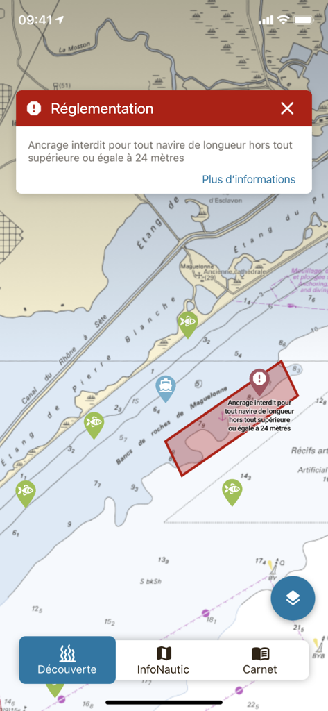 Nav&Co - Maritime navigation map showing a regulation alert for prohibited anchoring in a specific zone