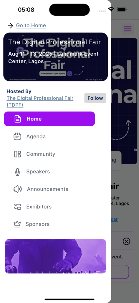 EventPadi - Menú lateral de la aplicación EventPadi para la gestión de eventos que muestra opciones de agenda y comunidad.