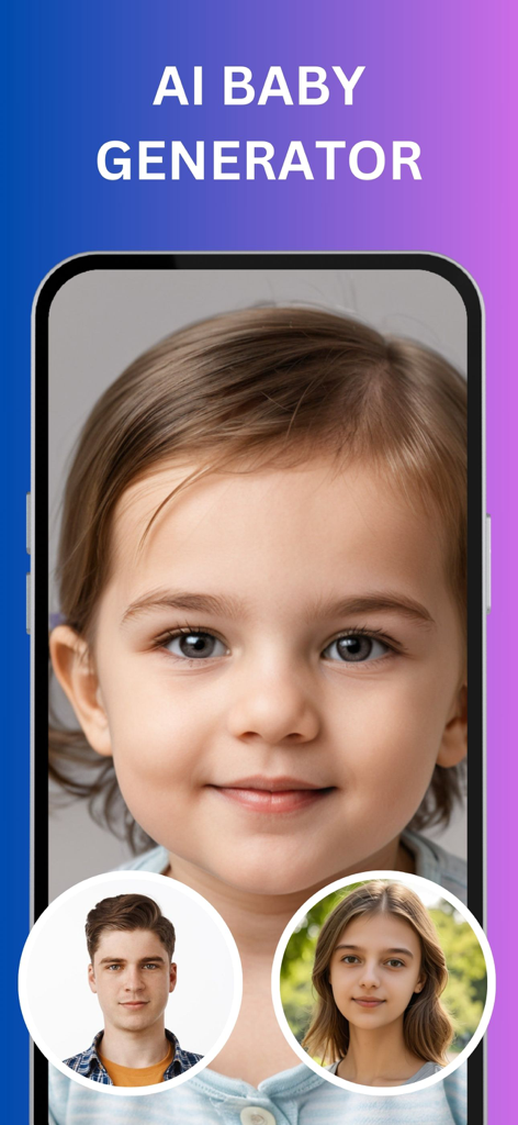 AI Baby Generator - Baby Maker - Una vista previa de la aplicación Generador de Bebés IA que muestra el rostro realista de un bebé creado a partir de fotos de un hombre y una mujer