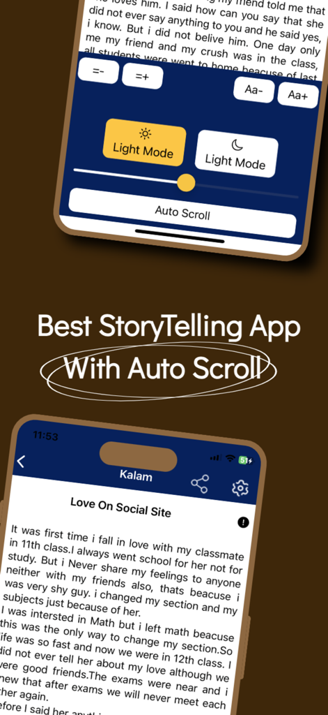 Kalam - stories app - Kalamストーリーアプリの読書インターフェース。自動スクロール機能と読書設定が表示されています。