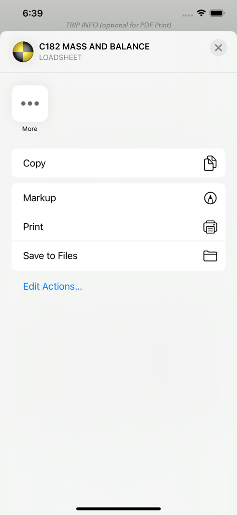 C182 M&B mobile - Action menu for exporting, printing, and saving a Cessna 182 mass and balance loadsheet.