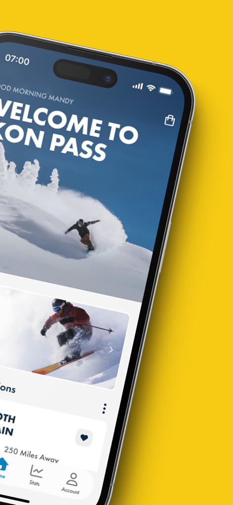 Ikon Pass mobile app home screen with snowboarding imagery and resort details
