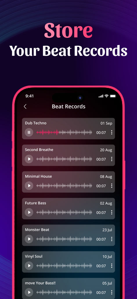 A list of saved music recordings in the Drum Pad app showing track titles and audio waveforms.
