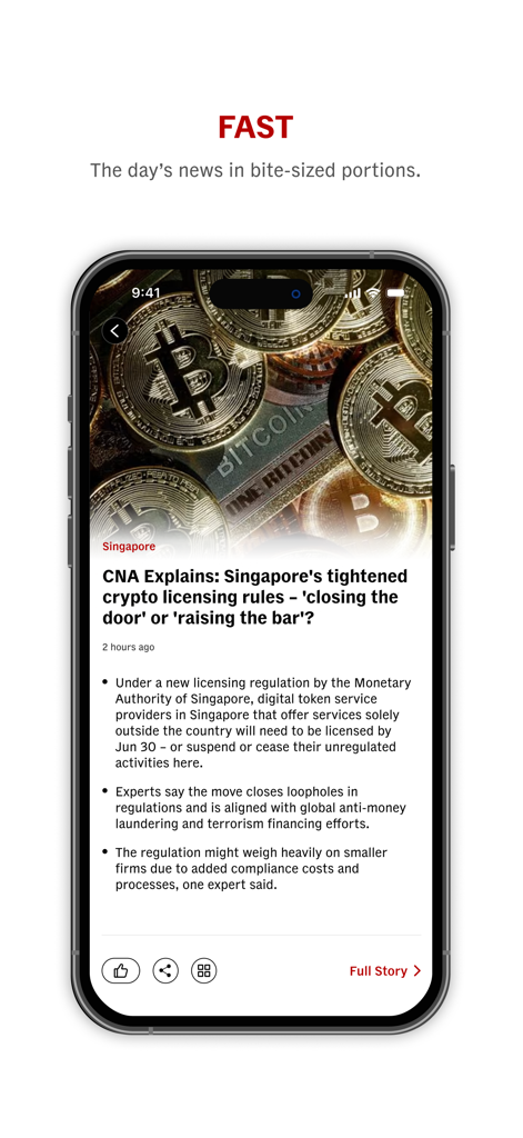 CNA (Channel NewsAsia) - Aplicativo CNA exibindo um resumo conciso de notícias sobre regulamentações de criptomoedas em Singapura.