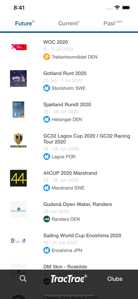 TracTrac - Interface of the TracTrac app showing a list of upcoming sailing and orienteering events