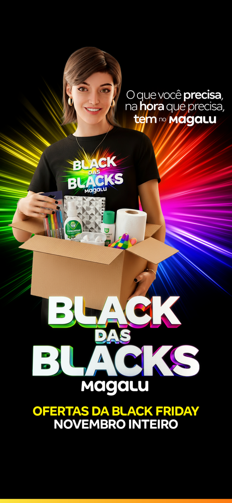 Magalu: compras com descontos - Magalu virtual influencer Lu holding a box of products for a Black Friday promotion