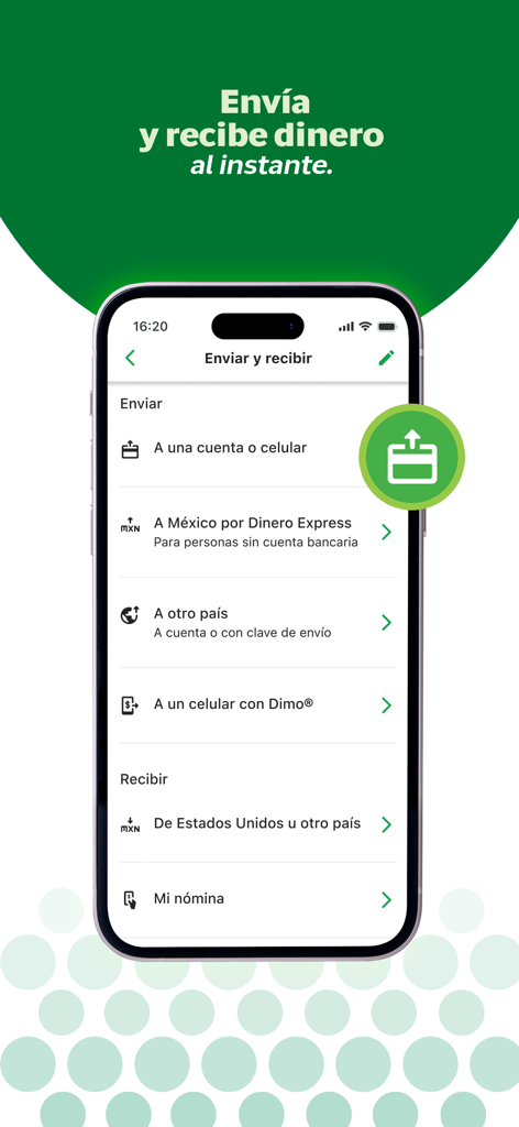 Interface de l'application Banco Azteca pour l'envoi et la réception d'argent avec des options de transfert international vers le Mexique