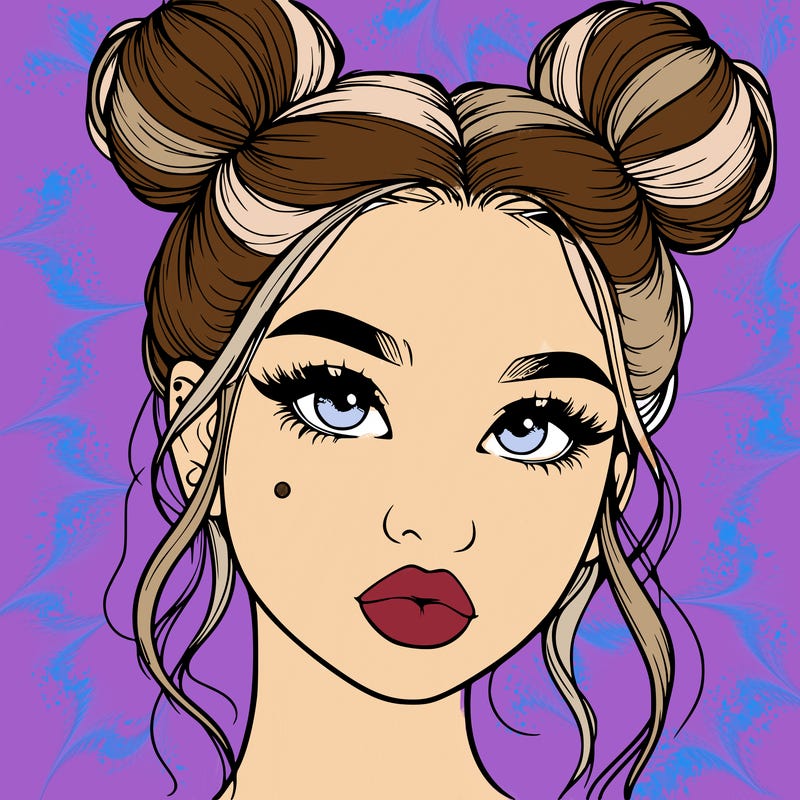 realistic girl with two buns on her hair and lips