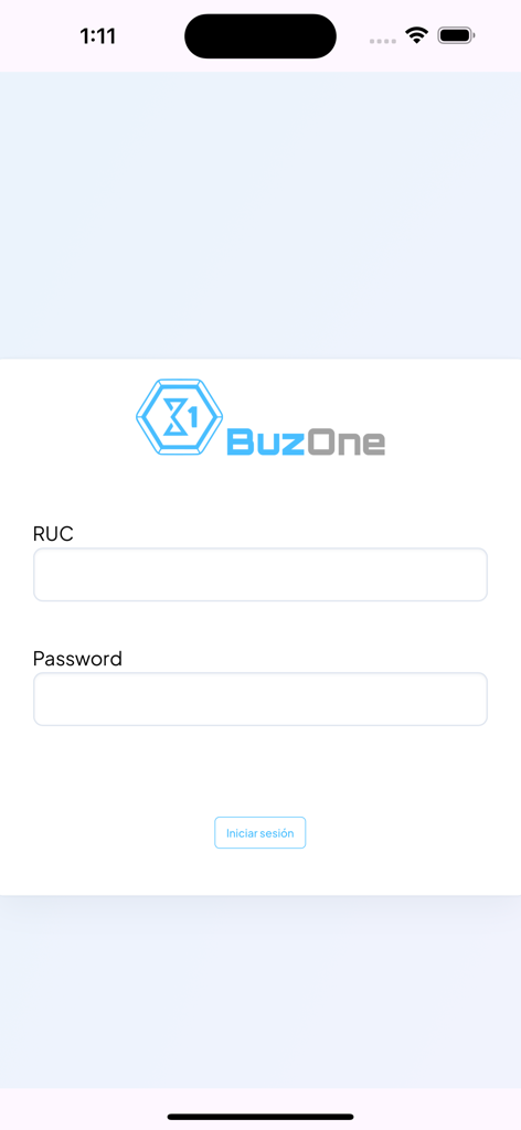 Buzone - Pantalla de inicio de sesión de la aplicación móvil Buzone con campos de entrada para RUC y contraseña, y un botón de inicio de sesión