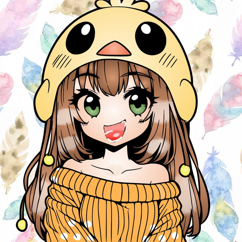 anime girl with chick shaped hat with sweater with bare shoulders with bangs covering them one eye with low tail