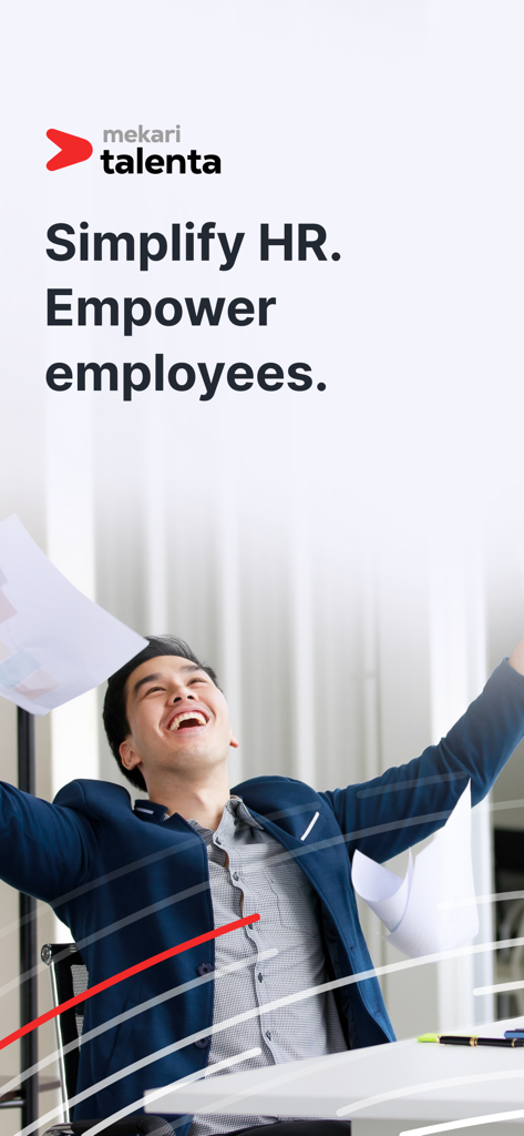 Talenta - 행복한 사무실 직원이 등장하고 'HR 간소화, 직원 역량 강화'라는 슬로건이 적힌 메카리 탈렌타 HR 소프트웨어 홍보 화면.