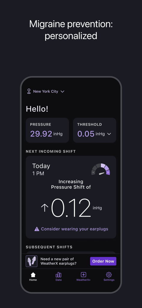 WeatherX Forecast app showing barometric pressure alerts for migraine prevention