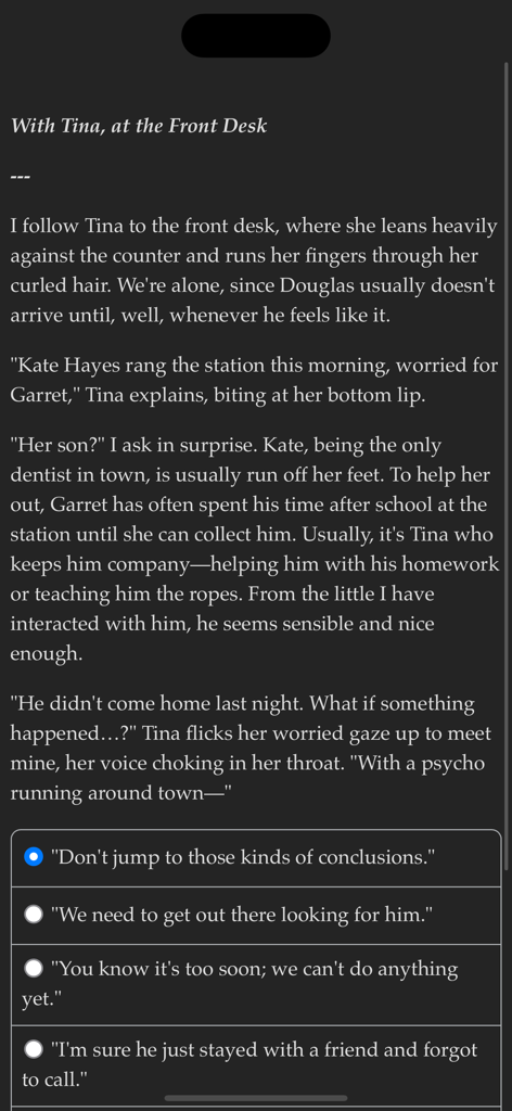 A gameplay screenshot of Wayhaven Chronicles Book One showing text-based narration and four dialogue choice buttons for the player to select.