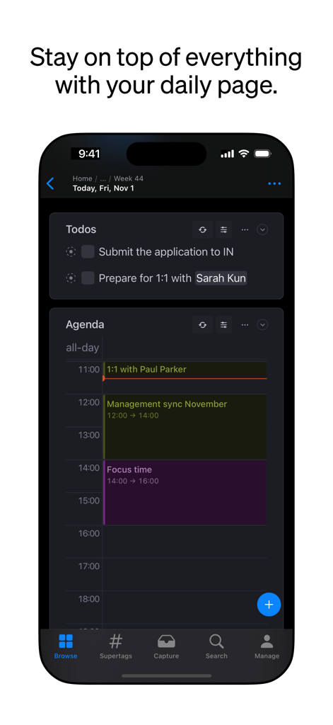 Tana – notes, AI, voice memos - Interface of the Tana app daily page featuring a to-do list and a calendar agenda for task management