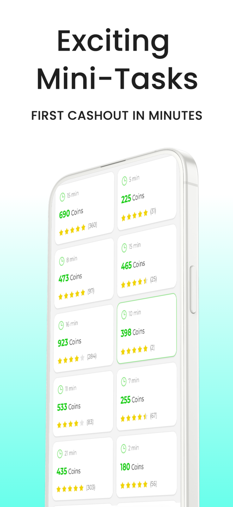 MONEY CASH - Fun & Earn - Money Cash app interface showing various mini tasks and coin rewards