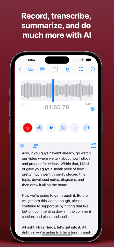 Aı Note Taker - Voice Notes - Interfaz de la aplicación AI Note Taker mostrando la onda de audio de una grabación de voz y su transcripción de texto correspondiente en un iPhone.