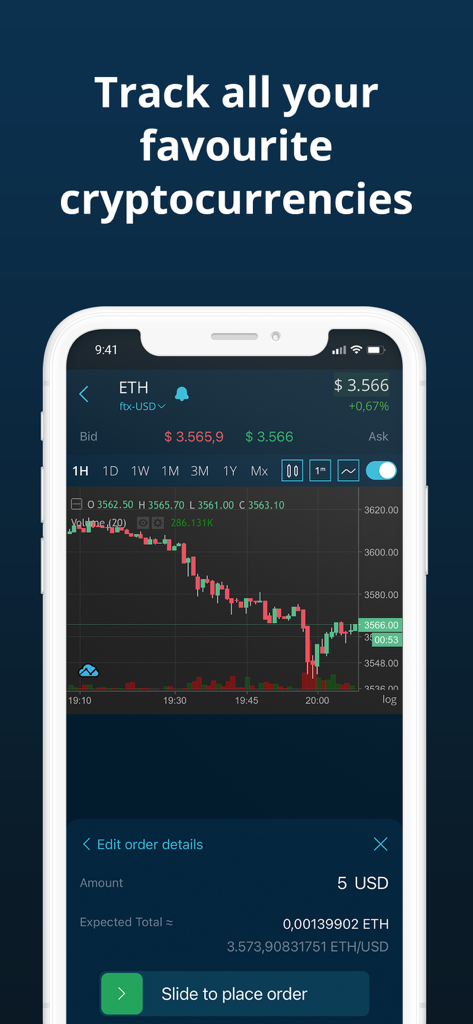 Interface of HODL Real-Time Crypto Tracker app showing an Ethereum price chart and an order entry screen