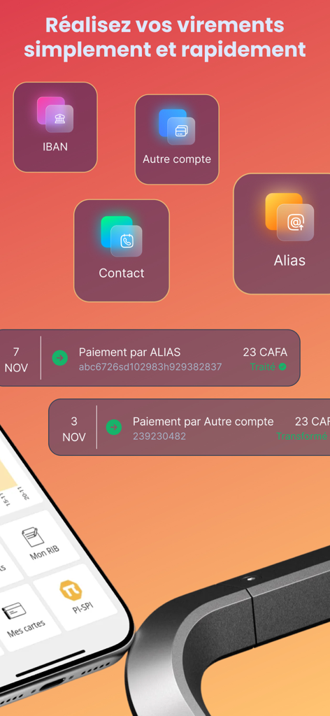 Interfaz de la aplicación BIM Mobile Banking que muestra varias opciones de transferencia, incluyendo pagos por IBAN y Alias