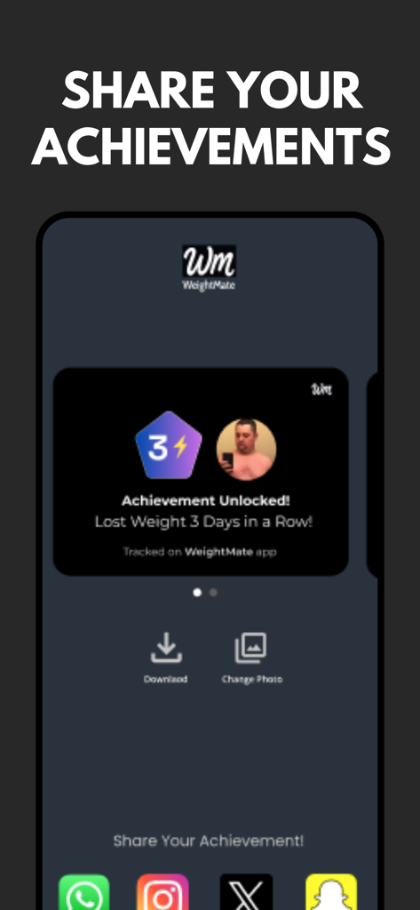 BMI Calculator - WeightMate - A mobile app screen titled Share Your Achievements showing a weight loss milestone badge with social media sharing icons for WhatsApp Instagram and Snapchat