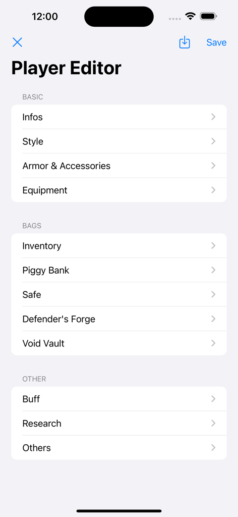 TR Save Editor - Menu interface of the TR Save Editor app showing player customization options for armor inventory and equipment.