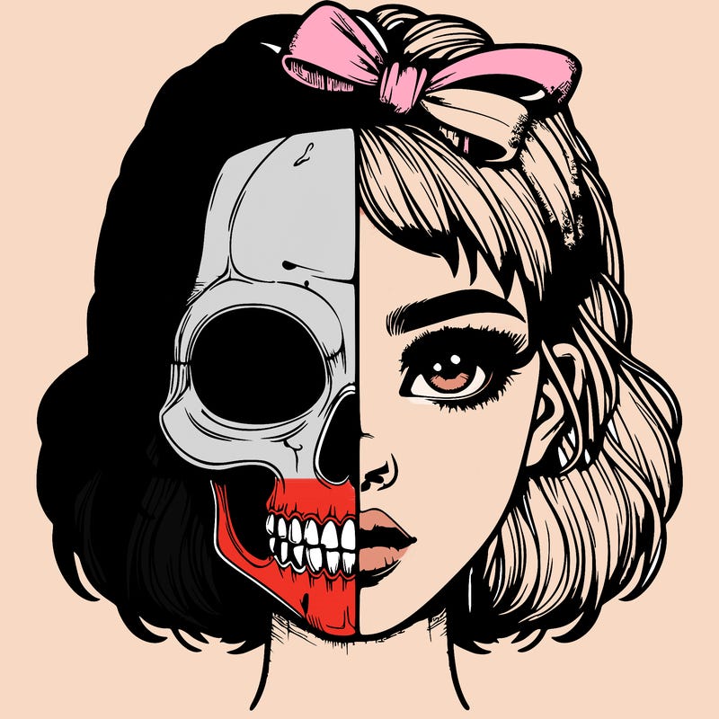 realistic girl with half skull mask
