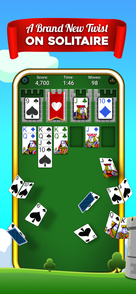 Gameplay of Castle Solitaire card game showing cards arranged in a unique layout with a castle theme