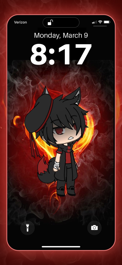 Gacha life HD wallpaper maker - A dark aesthetic Gacha Life character wallpaper with a red flame heart background on an iPhone lock screen