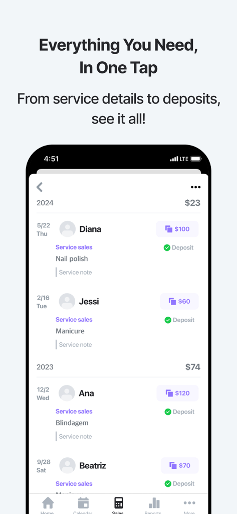Interface do app ColavoSalon exibindo histórico de serviços do cliente e rastreamento de depósitos.