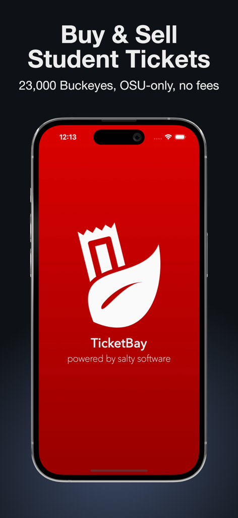 TicketBay App-Startbildschirm mit der Überschrift Kaufen und Verkaufen von Studententickets für die Ohio State Buckeyes